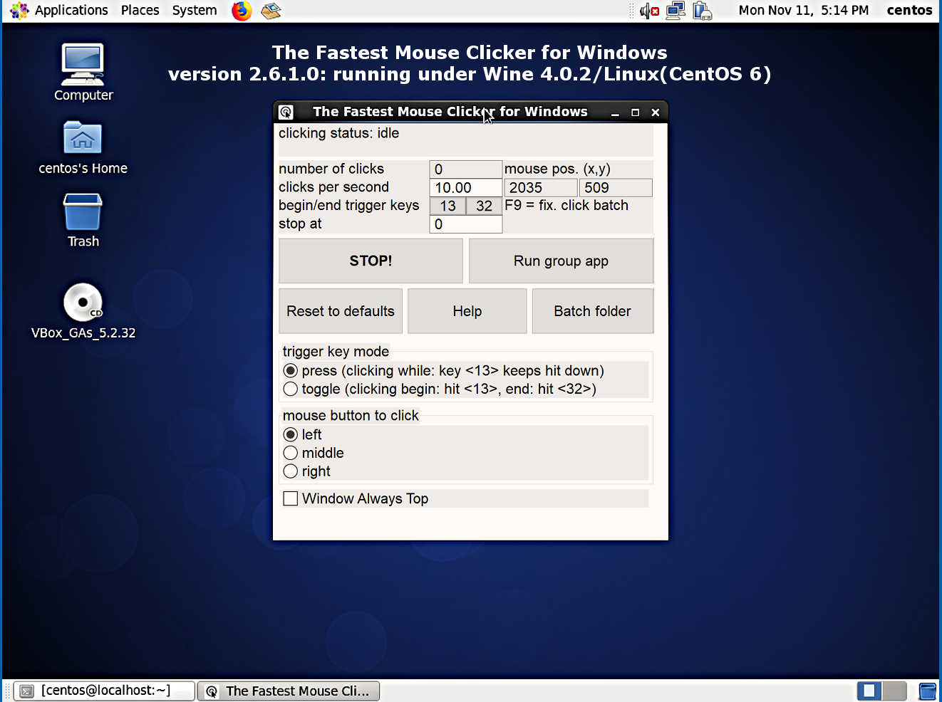 El Clicker de Ratón Más Rápido para Windows versión 2.6.1.0: ejecutándose bajo Wine 4.0.2/Linux (CentOS 6)
