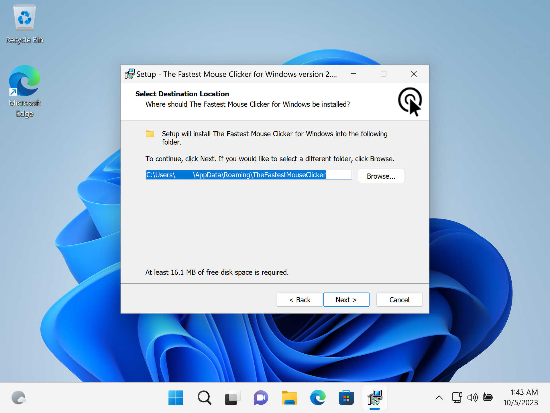 El Clicker de Ratón Más Rápido para Windows versión 2.6.1.0: Nueva captura de pantalla de Windows 11 22H2 (instalar paso 2)