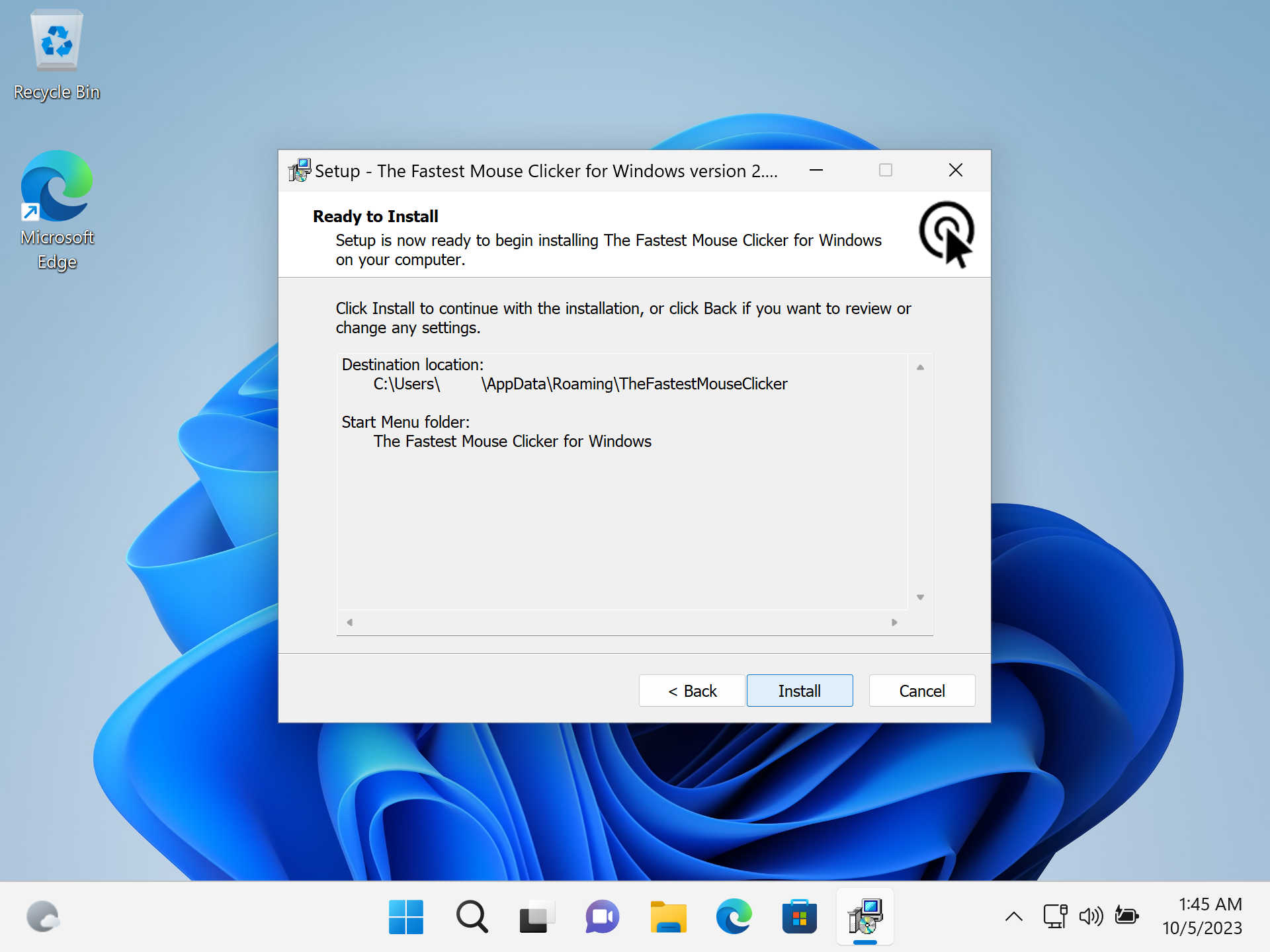 El Clicker de Ratón Más Rápido para Windows versión 2.6.1.0: Nueva captura de pantalla de Windows 11 22H2 (instalar paso 4)