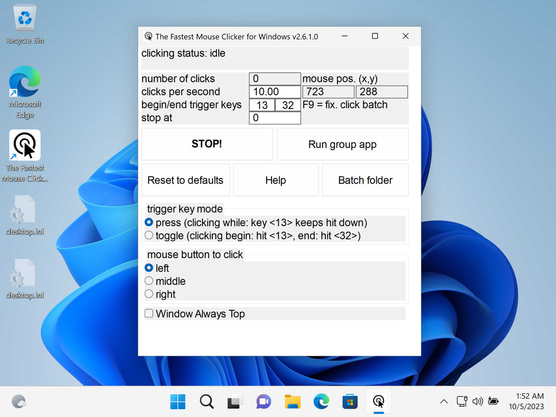The Fastest Mouse Clicker for Windows version 2.6.1.0: "Single" application on Windows 11