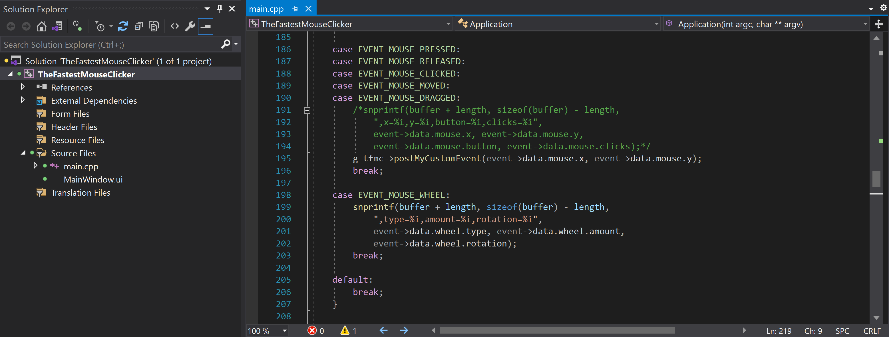 Captura de pantalla resultante de MS Visual Studio 2019 que une Qt y libuiohook